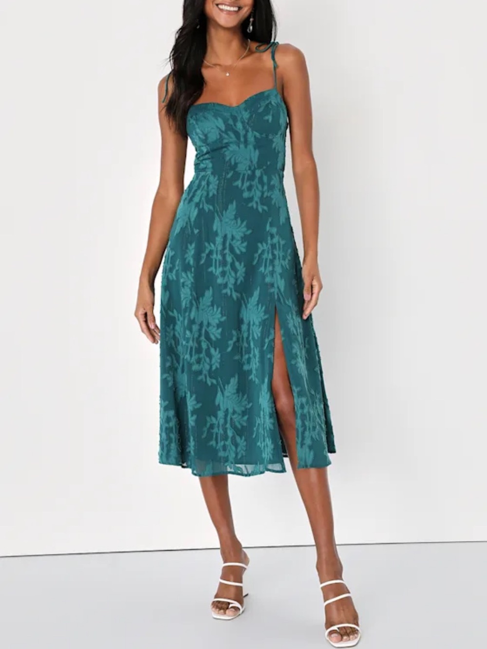 Lulu's Teal Floral Tie-Strap Full length Dress